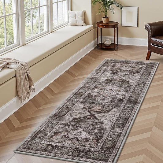 AMOAMI-2X6 Runner Rug-Washable Runners for Hallways-Soft Non Slip Bedside Rugs for Bedroom-Vintage Long Rug for Hallways Entryway Laundry Room Stair Kitchen Bathroom Brick/Brown