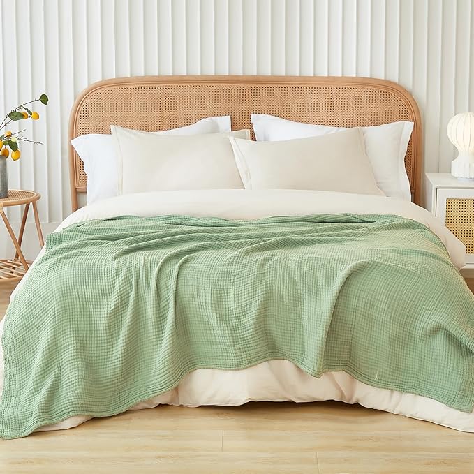 EMME Cotton Blanket Queen Size for Bed Soft Large Muslin Bed Blankets 90"x90" Lightweight Breathable Blanket Bedspread All Season Gauze, Sage Green