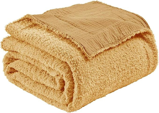 EMME Muslin and Fleece Twin Blanket Reversible - 60"*80" Beige Soft Warm Throw Blankets for Couch Bed Picnic Travel Bed