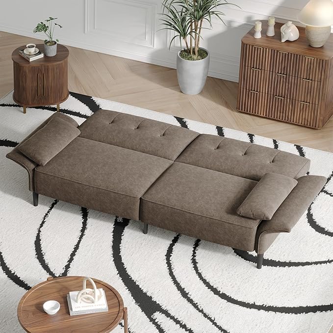 89” Futon Sofa Bed, Comfy Futon Couch Bed with 2 Square Pillows, Convertible Sleeper Sofa with Adjustable Backrest& Armrests, Modern Loveseat Sleeper for Living Room, Bedroom, Light Brown