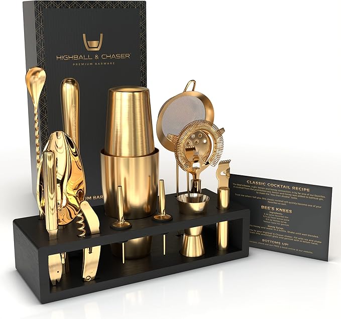 Highball & Chaser Bartender Kit with Black Bamboo Stand Beautiful Cocktail Shaker Set and Bar Tools Stainless Steel Boston Shaker Bartender Kit with Stand (Antique Gold)