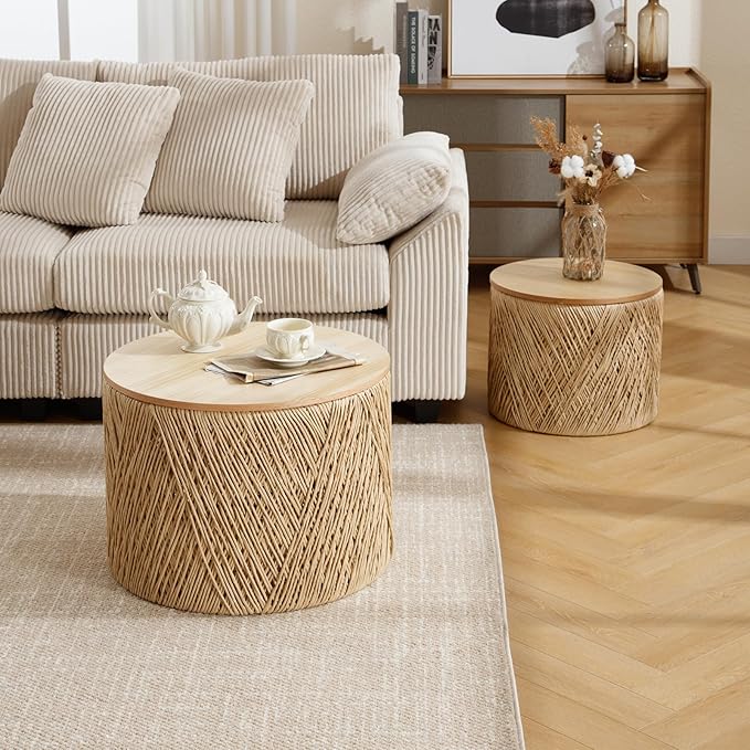 Nesting Coffee Table Set of 2, Natural Round Wooden Coffee Tables Rustic Woven Circle Side/Sofa Table for Small Space Living Room Bedroom Apartment No Assembly Required