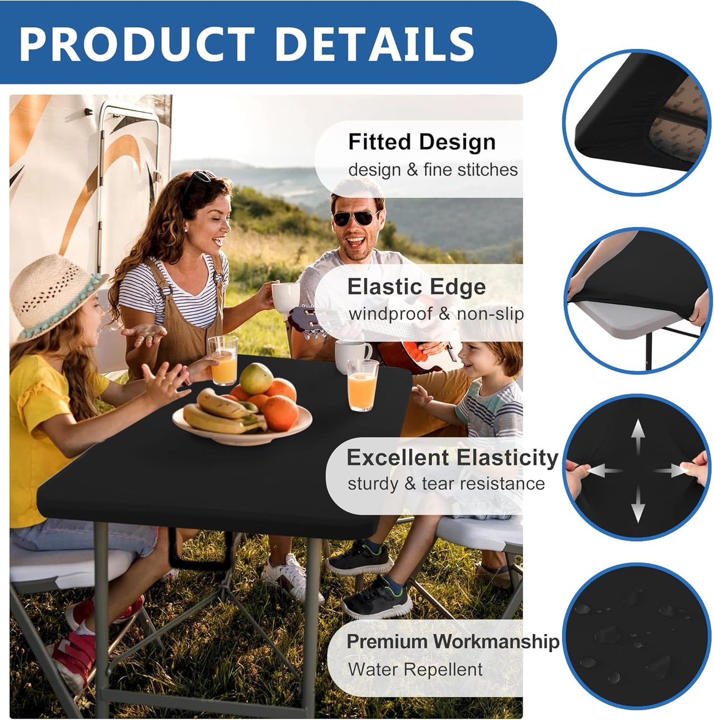 Fitted Tablecloth for 6 Foot Rectangle Tables-2 Pack Black Elastic Outdoor Picnic Table Cover-Spandex Stretch Folding Table Cloths 6 ft for Camping Dining Room Patio Kitchen Banquet Party