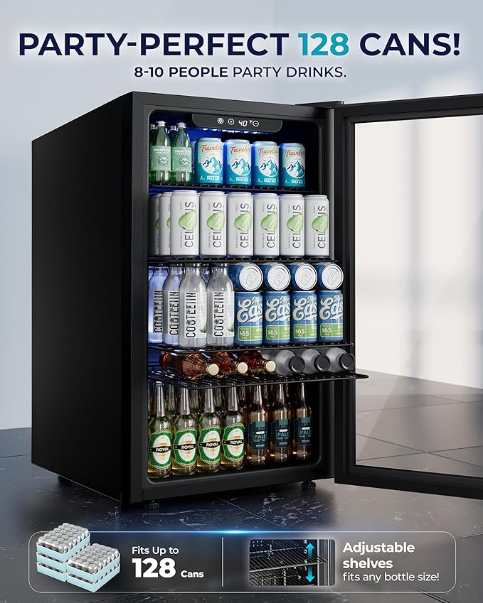 EUHOMY Beverage Refrigerator and Cooler, 128 Can Mini fridge with Glass Door, Small Refrigerator with Adjustable Shelves for Soda Beer or Wine, Home/Bar/Office, Black