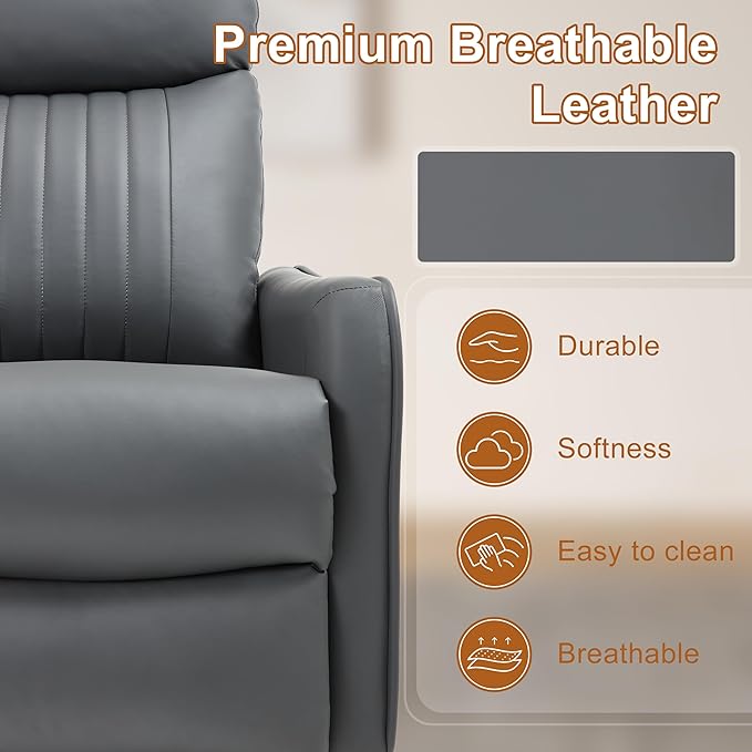 Manual Swivel Rocker Recliner Chair for Adults, Overstuffed Reclining Glider Chair for Nursing with Vibration Massage & Heat, Living Room Rocking Recliner 2-Stage backrest, Faux Leather Gray