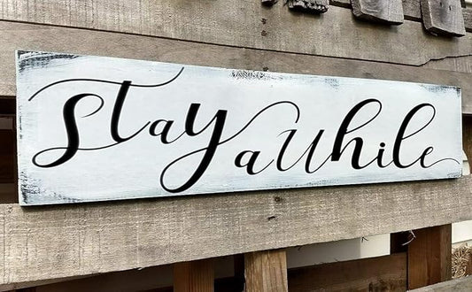 Farmhouse Stay Awhile Wood Sign, Entryway Sign Farmhous Wall Decor, Rustic Wall Art for Housewarming Gift (Stay Awhile) 6x16 Inch
