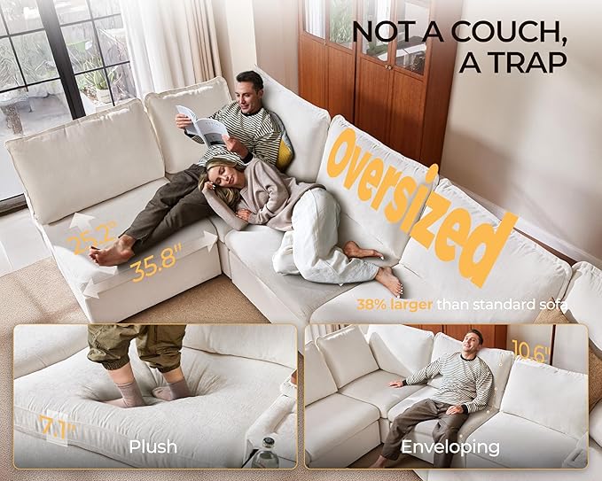 Oversized Modular Sofa Comfy Cloud Couch with Storage, Extra Deep Plush Sectional Sofa Set for Living Room, Covers Washable, Chenille, Olar (White, 8-Seater with Corner & 2 Ottomans, u-Shaped)