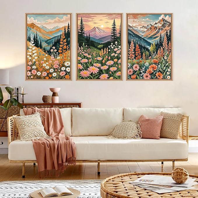 HPINUB Mountain Sunset Floral Framed Canvas Wall Art Set,Colorful Wildflower Daisy Flower Wall Decor,Boho Blossom Botanical Artwork Modern Nature Landscape Art Print for Living Room,Bedroom-24 x36 x3