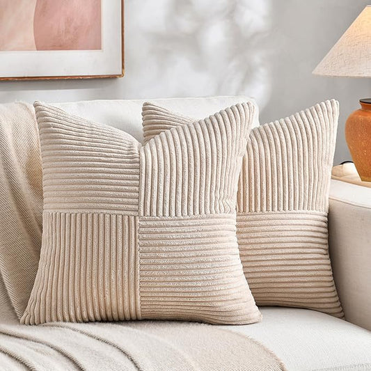 Fancy Homi 2 Packs Tan Decorative Throw Pillow Covers 18x18 Inch for Living Room Couch Bed, Rustic Farmhouse Boho Home Decor, Soft Corss Corduroy Patchwork Textured Square Beige Cushion Case 45x45 cm