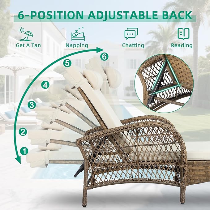 VIVIJASON Outdoor Wicker Chaise Lounge Chair Set of 2, All-Weather PE Rattan Cushioned Patio Lounger Chairs, 6-Position Adjustable Outside Pool Sunbathing Recliner with Armrest & Pillow, Beige
