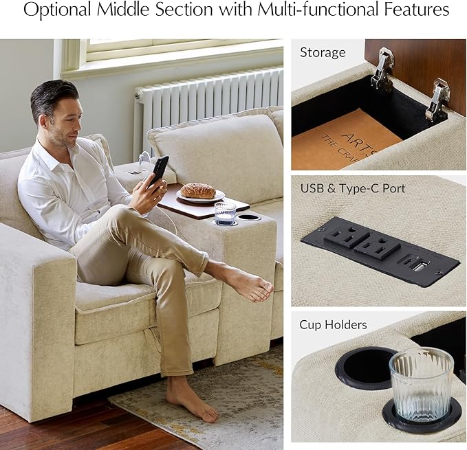 HULALA HOME 148" Modular Sectional Sofa with USB Port and Console, 4 Seater Sofa with Storage Ottoman, Oversized Sectional Couches for Living Room, FSC Certified, Beige