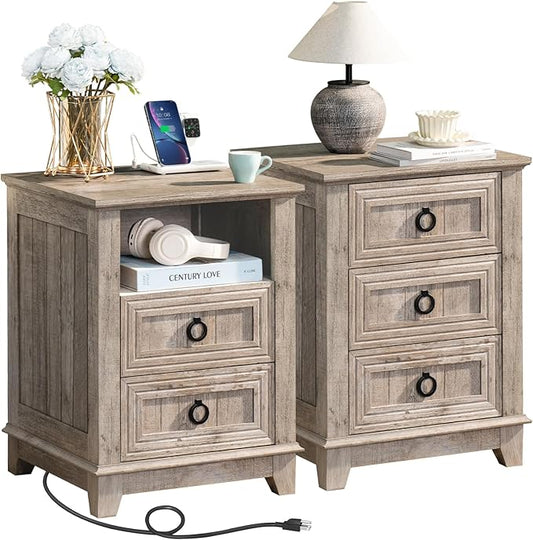 18" Farmhouse Night Stands Set of 2 with Charging Station, 2 & 3 Drawers End Table Dresser for Bedroom, Oak Wooden Nightstand, Bed Side Table with Open Shelf, Bedside Cabinet for Living Room