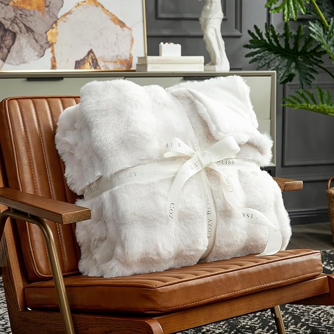 Cozy Bliss Faux Fur Throw Blanket for Couch, Fuzzy Soft Plush Thick Bubble Blanket for Sofa Bedroom Living Room, 108 * 90 Inches Cream White
