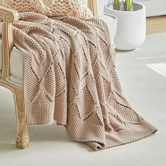Longhui bedding Chunky Cotton Knit Throw Blanket for Couch, Sofa, Bed, or Chair, Decorative Breathable Fall Cable Knit Blanket 60 x 80 Inches, Pink Rose