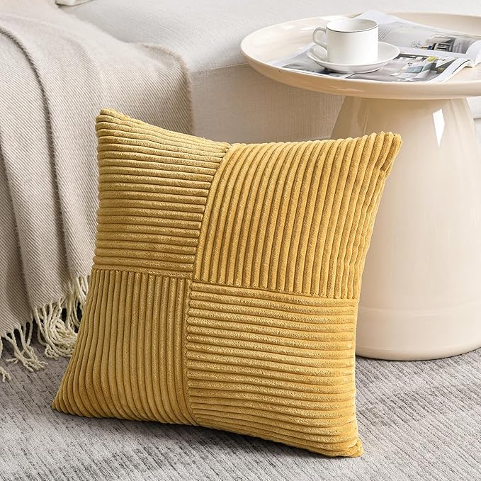 Fancy Homi 2 Packs Mustard Yellow Samll Decorative Throw Pillow Covers 12x12 Inch with for Couch Bed Sofa, Rustic Farmhouse Boho Home Decor, Soft Corss Patchwork Corduroy Square Cushion Case 30x30 cm