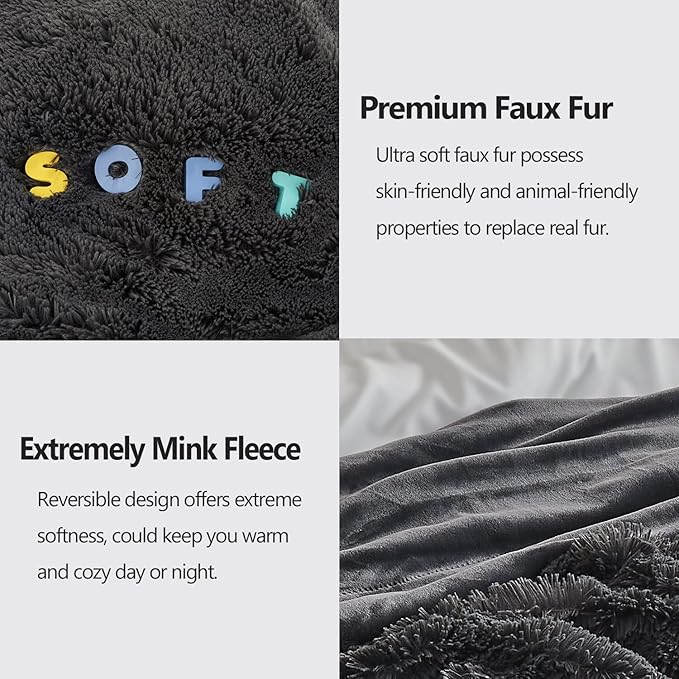 GONAAP Fuzzy Faux Fur Throw Blanket Dark Grey Super Soft Cozy Plush Fuzzy Shaggy Blanket for Couch Sofa Bed (Dark Grey, Throw(50"x60"))