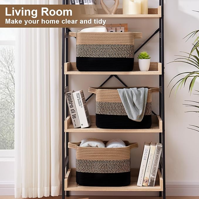 Storage Basket for Organizing, Woven Baskets for Storage, Rectangle Decorative Baskets for Shleves, Closet, Toys, Books, Nursery Organizer Bins - Pack of 3 (Black & Brown)