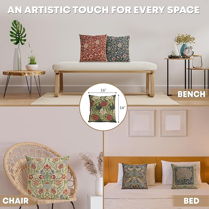 Charlotte Home Furnishings Throw Pillow Covers 16x16 in, Green Chrysanthemum Decorative Pillow Covers, Boho European Tapestry Cushion Cases, Living Room Cozy Home Decor, Jacquard Woven Soft Cotton