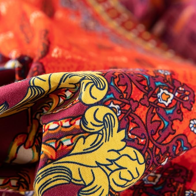 ABREEZE Bohemian Duvet Cover Set Colorful Orange Boho Retro Bedding Set Damask Paisley Cotton Duvet Cover Tribal Reversible Bedding Exotic Style Comforter Cover 3-Piece Queen