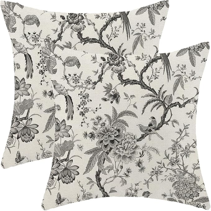 CXMEIFLY Spring Floral Birds Pillow Covers 16 x 16 Inch Set of 2 for Chinoiserie Flowers Decor Throw Pillows Black and White Plant Outdoor Decorative Cushion Cases for Couch Bed Decorations