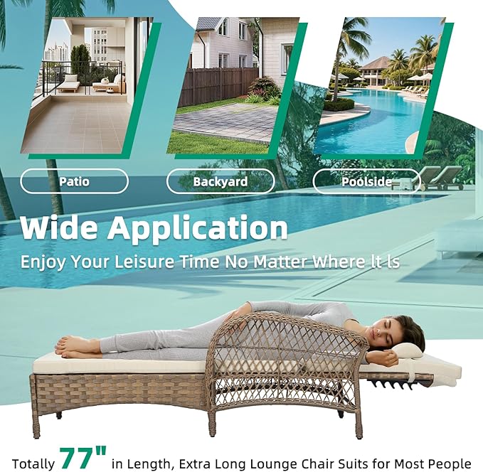 VIVIJASON Outdoor Wicker Chaise Lounge Chair Set of 2, All-Weather PE Rattan Cushioned Patio Lounger Chairs, 6-Position Adjustable Outside Pool Sunbathing Recliner with Armrest & Pillow, Beige