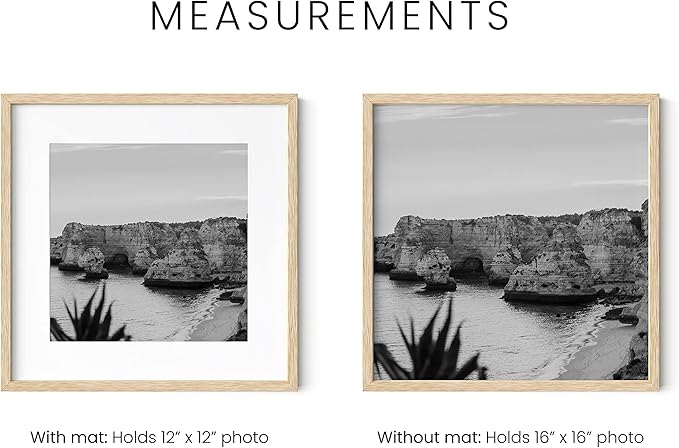 HAUS AND HUES Solid Oak Wood 16”x16” Picture Frames Matted to 12”x12” Set of 4-16x16 Frames for Wall, Square Frames with Mat, Beige Square Matted Picture Frames 16x16 (Beige Oak Frames)