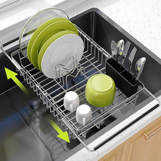 Dish Drying Rack in Sink, Expandable Stainless Steel Dish Drainer for Kitchen Sink, Dish Strainer Rack, Retractable Over Sink Dish Rack with Utensil Holder, 13.1''~16.6''D x 11.8''W, Silver
