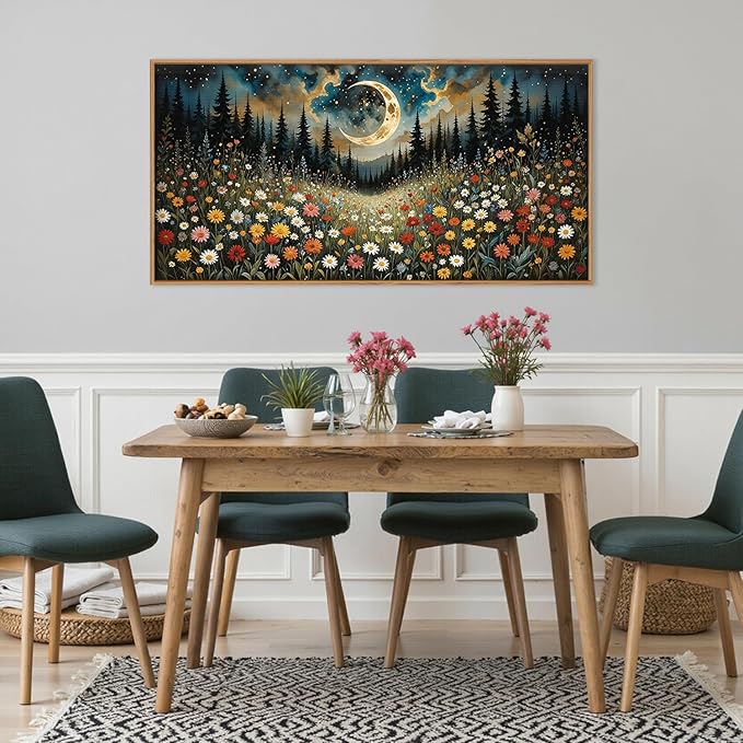 HPINUB Wildflower Moon Pine Tree Framed Canvas Wall Art Set,Nature Forest Wall Decor,Mystical Starry Night Artwork Rustic Mountain Landscape Art Print for Living Room,Bedroom,Office-20 x40