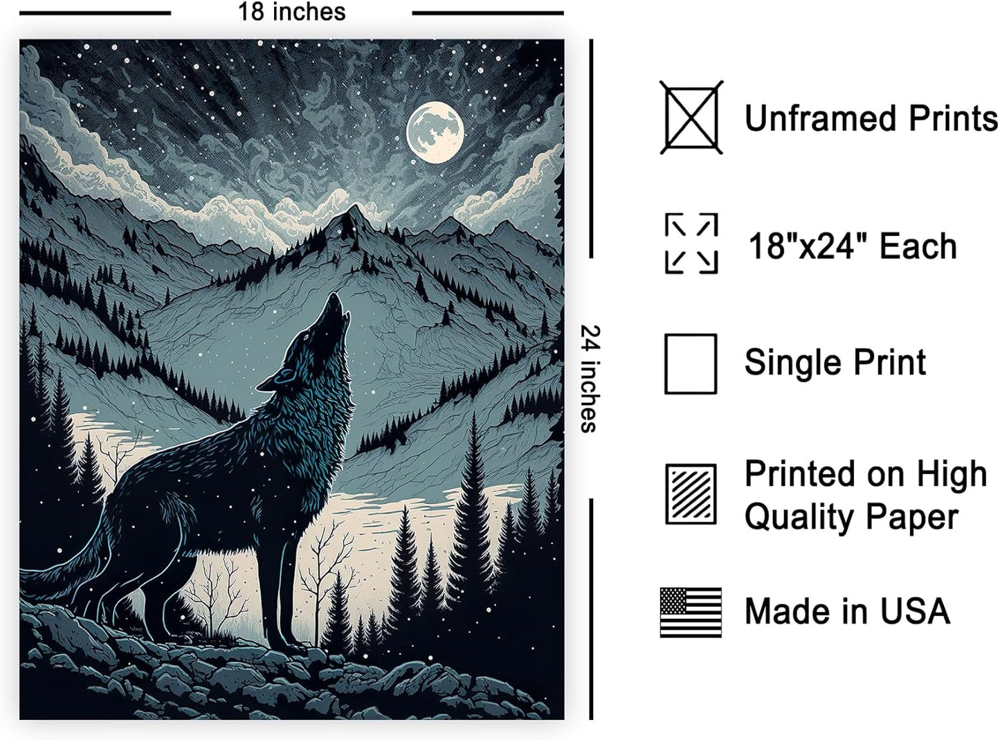 Poster Master Vintage Illustration Poster - Retro Animal Print - Gift for Artist, Friend - Wolf Howling at the Moon, Mountain, Snow, Landscape - Wall Decor for Home, Office, 18x24 Unframed Wall Art