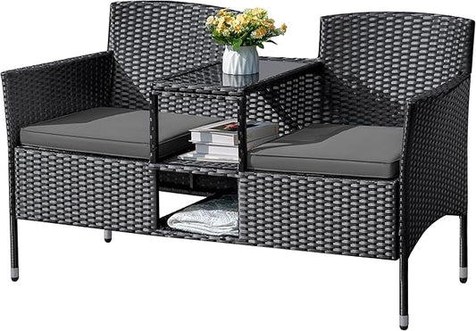 Flamaker Outdoor Furniture Patio Loveseat Wicker 2-Seat with Built-in Table and Cushions Rattan Porch Chairs Bench for Balcony, Lawn, Backyard (Grey)