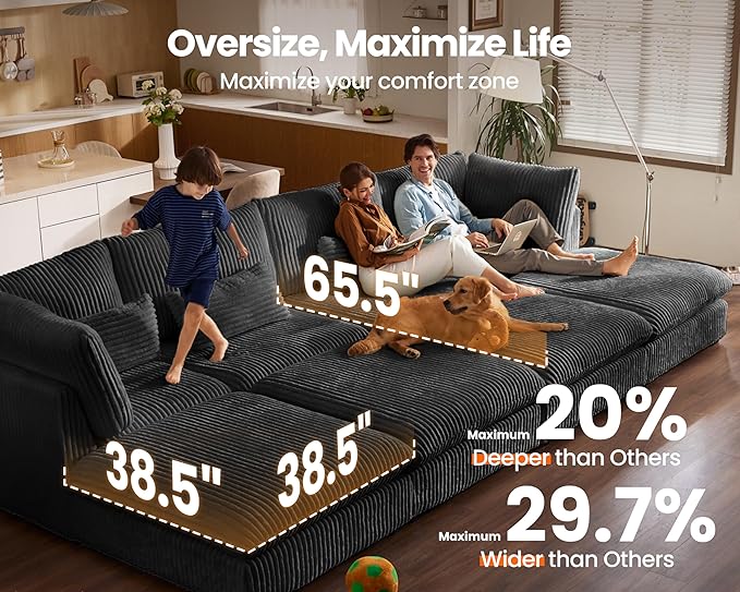 Oversized Modular Sofa, Extra Deep Cloud Corduroy Sectional Couch with Ottoman Chaise, Fluffy Chenille 6 Seat U-Shaped Sofa for Living Room, Villa (U Shape 6 Seater, Corduroy Black)