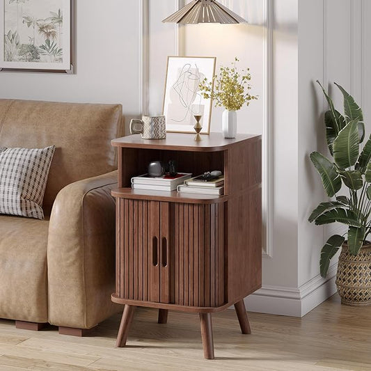 Alohappy Mid Century Modern End Table with Sliding Tambour Door, Fluted Wood Nightstand, Curved Round Edge Side Table with Storage Cabinet for Bedroom, Living Room, Walnut