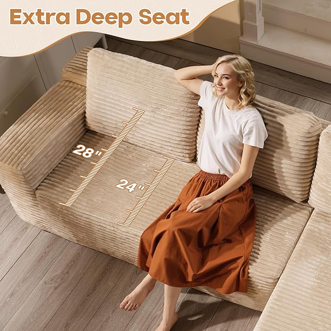 Cloud Sectional Couches for Living Room,U Shaped Modular Sofas No Assembly,135x100 Inches Plush Corduroy Oversized Floor Couch Set with Deep Seat Chaise,Beige