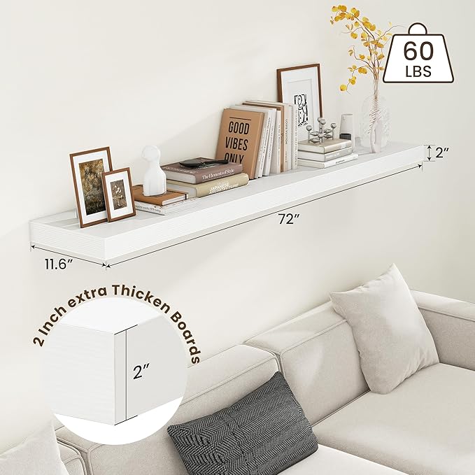 White Floating Shelves for Wall - 72 Inch Wide x 12 Inch Deep Wall Shelves Set of 1 - Rustic White Wood Shelves for Living Room, Bathroom, Laundry Room, Bedroom, Kitchen, Home Office