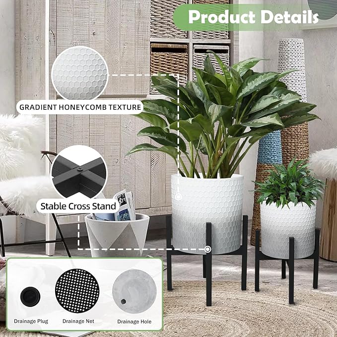 10 & 12 Inches Planters with Metal Sand for Indoor Plants Set of 2,Decorative Plant Pots with Holder, Outdoor Flower Pots with Legs, Modern Garden Pot with Drainage Holes for Snake Plant, House plants