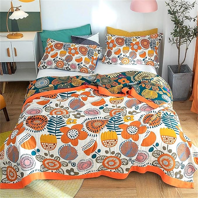 Boho Throw Blanket 60''x80'' for Bed Couch, Floral Muslin Bed Blankets Boho Quilt Travel Mexican 100% Cotton Super Soft Summer Blanket Picnic Blankets
