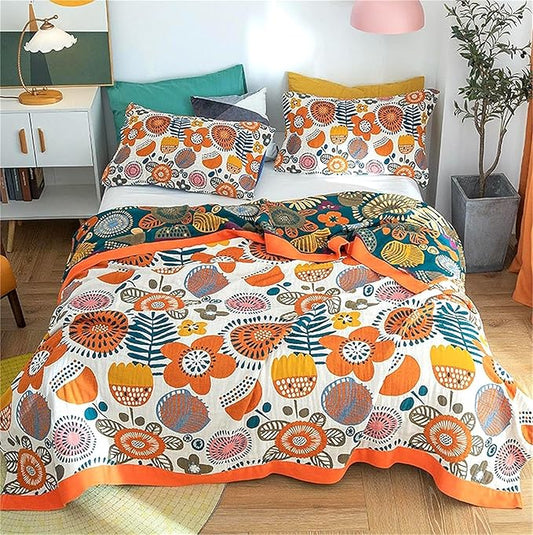 Boho Throw Blanket 60''x80'' for Bed Couch, Floral Muslin Bed Blankets Boho Quilt Travel Mexican 100% Cotton Super Soft Summer Blanket Picnic Blankets