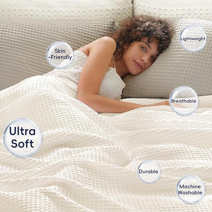 PHF Ultra Soft Waffle Weave Blanket King Size 104"x 90"- Washed Lightweight Breathable Cozy Woven Blanket for Bed - Aesthetic Decor for Couch Bedding Sofa Home Car - Coconut White