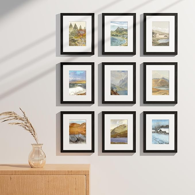 Vittanly 8x10 Picture Frames Set of 9, Shatter Resistant Plexiglass, Display 5x7 Pictures with Mat or 8x10 without Mat, Photo Frames for Wall or Tabletop, Engineered Wood, Black