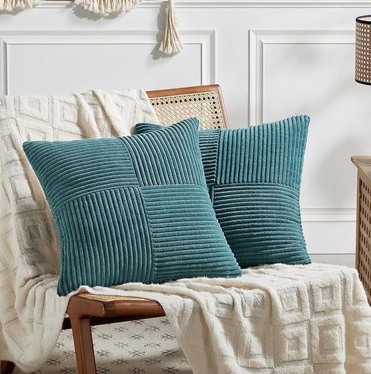 Fancy Homi 2 Packs Teal Euro Decorative Throw Pillow Covers 28x28 Inch for Couch Bed Sofa, Rustic Farmhouse Boho Home Decor, Soft Corss Corduroy Patchwork Textured Square Cushion Case 71x71 cm