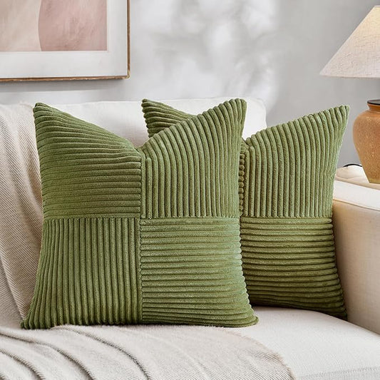 Fancy Homi 2 Packs Moss Green Euro Decorative Throw Pillow Covers 26x26 Inch for Bedroom Couch Bed, Farmhouse Boho Home Decor, Soft Corss Corduroy Patchwork Textured Square Cushion Case 66x66 cm