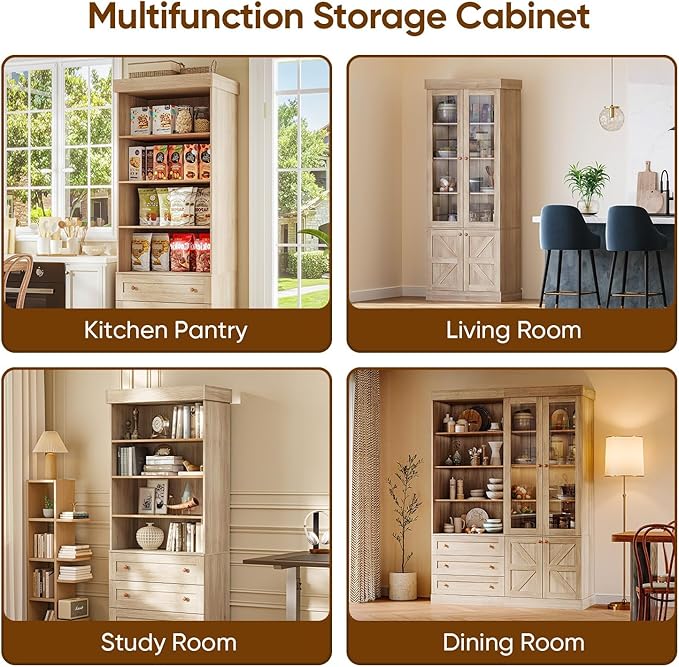 Vyre 71" Tall Farmhouse Bookshelves with Glass Doors and Drawers, Set of 3 – Large Modular Bookcase with Adjustable Shelves, Storage Cabinet for Living Room, Kitchen, Brown