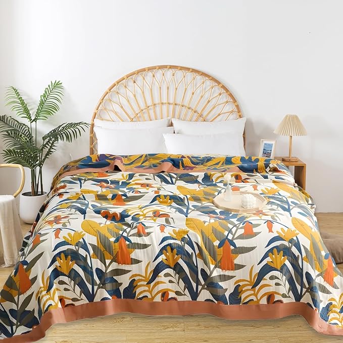 Boho Throw Blanket for Bed - 100% Pure Cotton Ultra Soft Rustic Quilt - Farmhouse Decor Bed Blankets, All Season Rustic Throw for Sofa Couch Chair(80''x 90'', Floral Sea)
