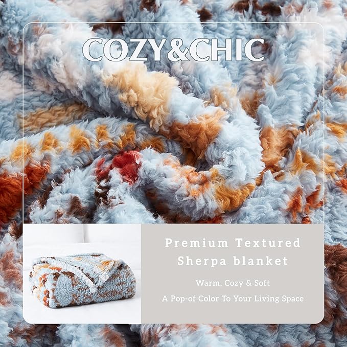 CASAAGUSTO Boho Sherpa Throw Blanket, Aztec King Size Blanket, Ultra Soft, Warm, Cozy, Plush, Thick Fleece Bohemian Throw Blanket for Couch, Bed, Sofa (Blue Grey 108 * 90 Inch)