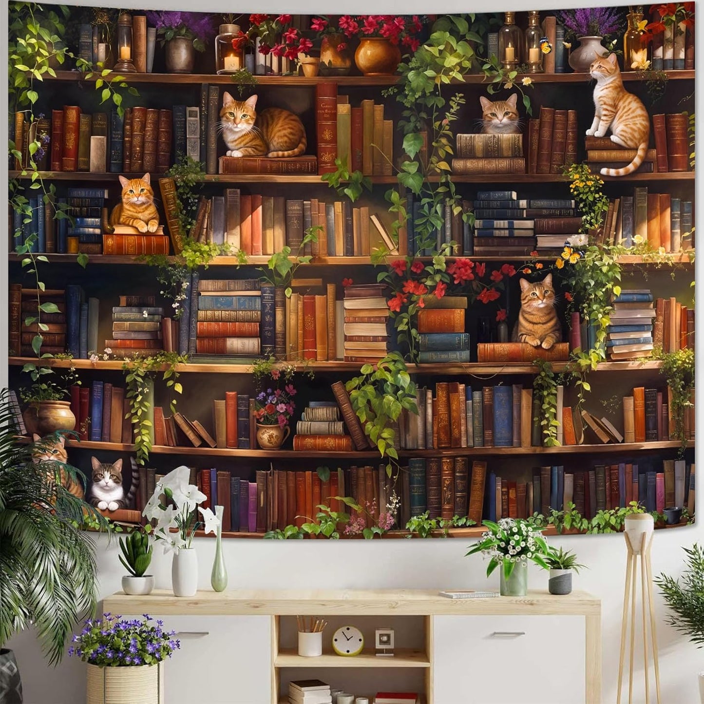 Accnicc Plant Cat Bookshelf Tapestry Botanical Floral Flower Cats Book Tapestries Wall Hanging Vintage Library Small Tapestry for Bedroom Living Room Dorm 60 x 44 inch