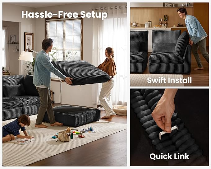 Oversized Modular Sofa, Extra Deep Cloud Corduroy Sectional Couch with Ottoman Chaise, Fluffy Chenille 6 Seat U-Shaped Sofa for Living Room, Villa (U Shape 6 Seater, Corduroy Black)