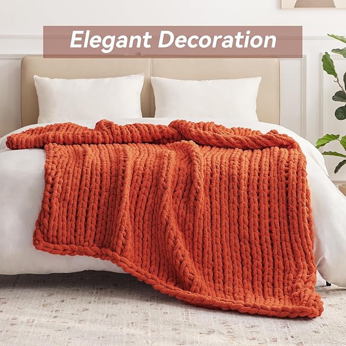 Chunky Knit Throw Blanket, 60''*80'' Knitted Throw Chenille Yarn for Bed Couch, Handmade Orange Crochet Big Thick Blanket, Machine Washable Cute Comfy Blanket for Home Decor