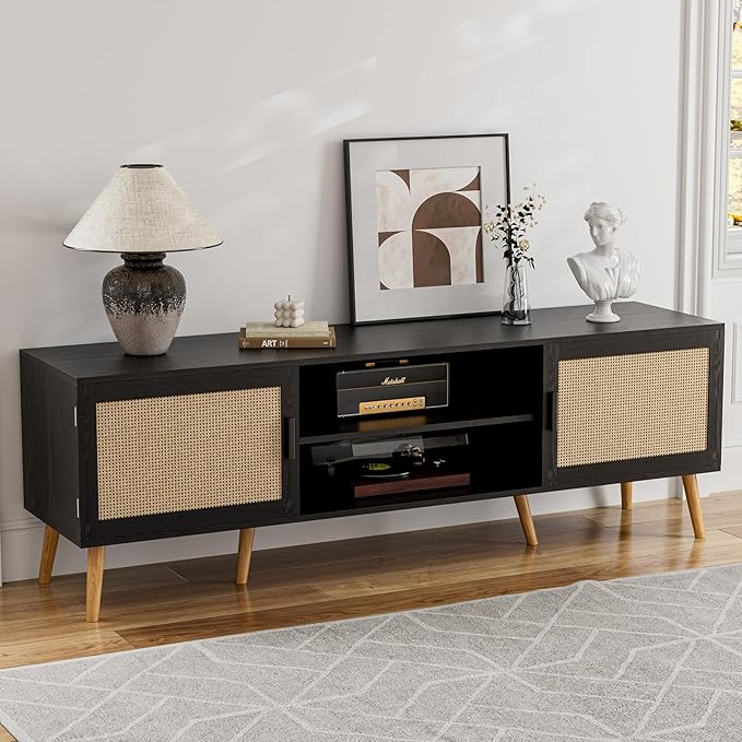 TV Stand for TVs up to 65'', Entertainment Center with Rattan Door, Shelves & 2 Cabinets, Boho Media TV Console for Living Room, Bedroom, Black