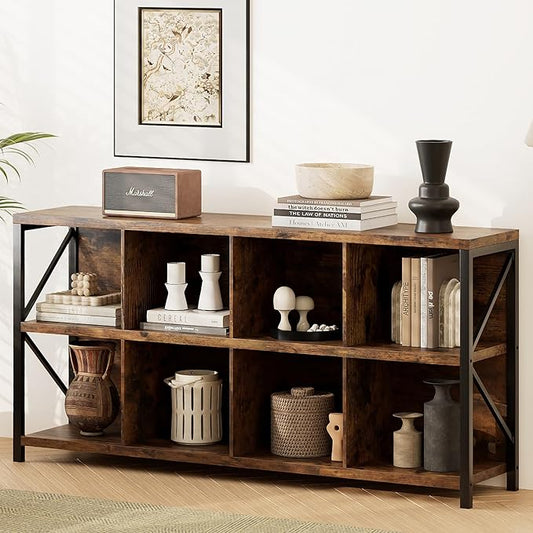 8 Cube Storage Organizer Bookshelf, Industrial Horizontal Bookcase, Accent Cubby Shelf, Media Console Table for Living Room, Home and Office, 63 Inches, Rustic Brown