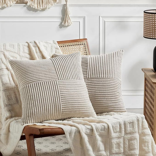 Fancy Homi 2 Packs Neutral Taupe Decorative Throw Pillow Covers 16x16 Inch for Living Room Couch Bed, Rustic Farmhouse Boho Home Decor, Soft Corss Patchwork Corduroy Textured Square Cushion Case 40cm